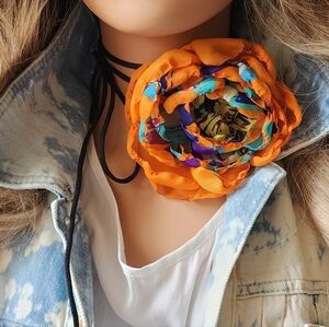 Orange Rose Magnolia Flower Choker Necklace Brooch Clip Upcycled Silk